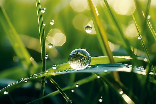 Water drop sparkle on a blade of grass in beauty