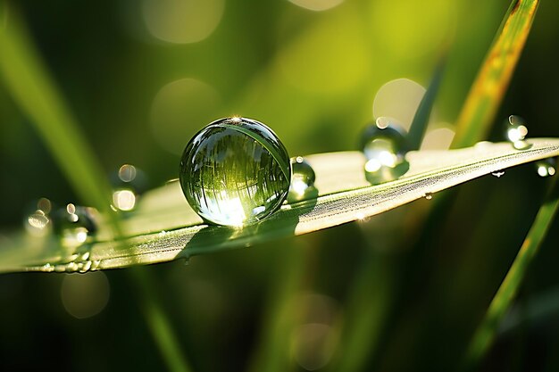 Капля воды блестит на траве.