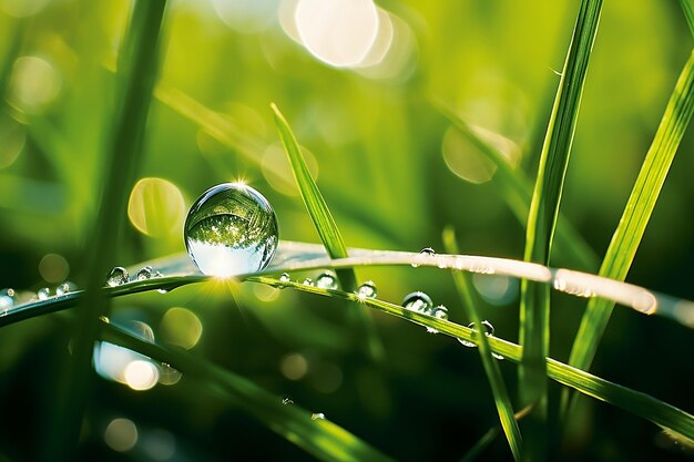 写真 草の葉に輝く水滴の美しさ