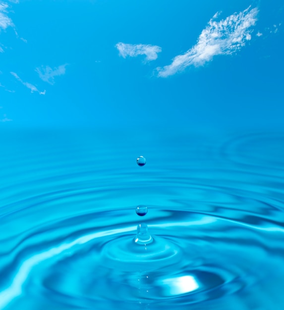 Water drop splash blue colored. Round water drop. Water background