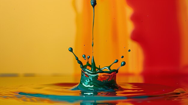 A water drop with a red and yellow background and a blue drop of water on the bottom of the drop