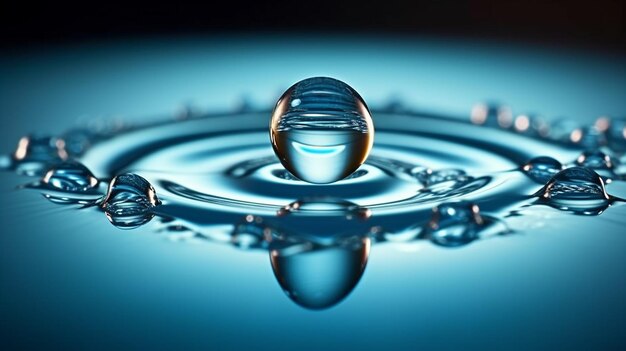 Water drop with reflection on water surface 3d render illustration