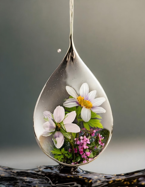 Photo water drop with spring flowers on a gray background