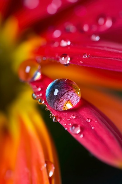 Photo a water droplet on a flower with a yellow and orange flower in the background.