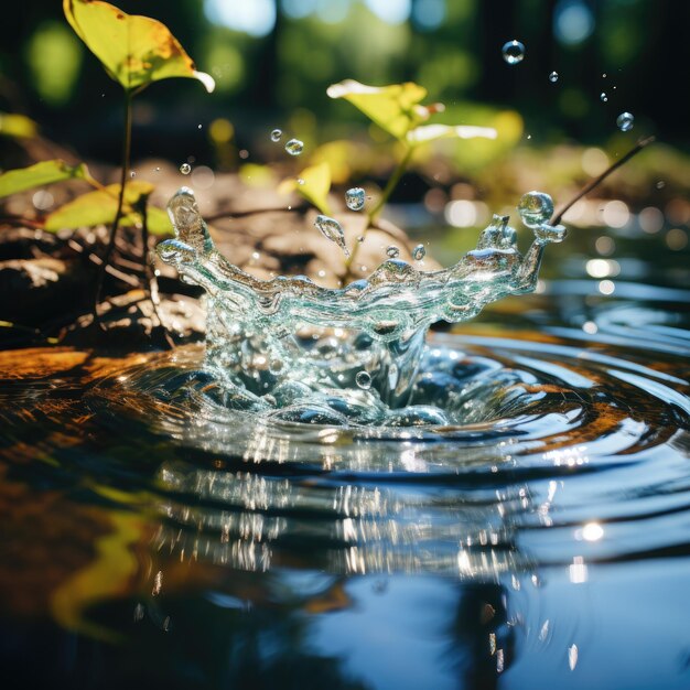 a water droplet has a leaf in it that is falling into the water.