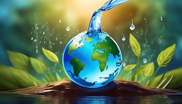 A water droplet is being poured into a globe Earth and water ecology concept