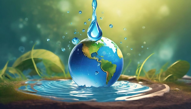 물방울이 지구에 부어지고 있다. 지구와 물 생태 개념