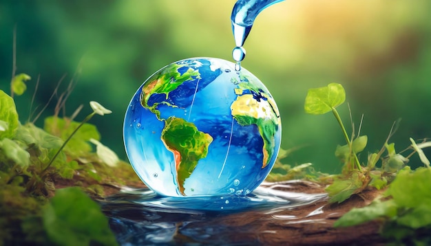 물방울이 지구에 부어지고 있다. 지구와 물 생태 개념