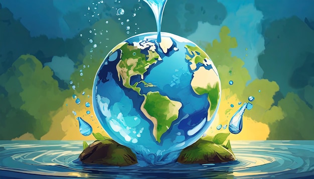 A water droplet is being poured into a globe Earth and water ecology concept