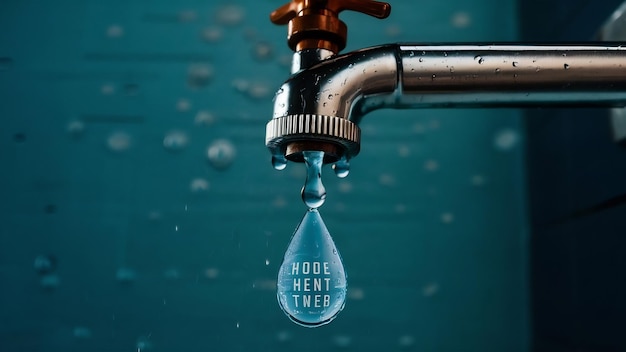 A water droplet is dripping from a faucet with the words