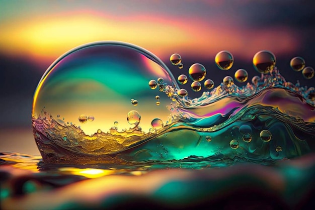 A water droplet is in the foreground and the background is colorful