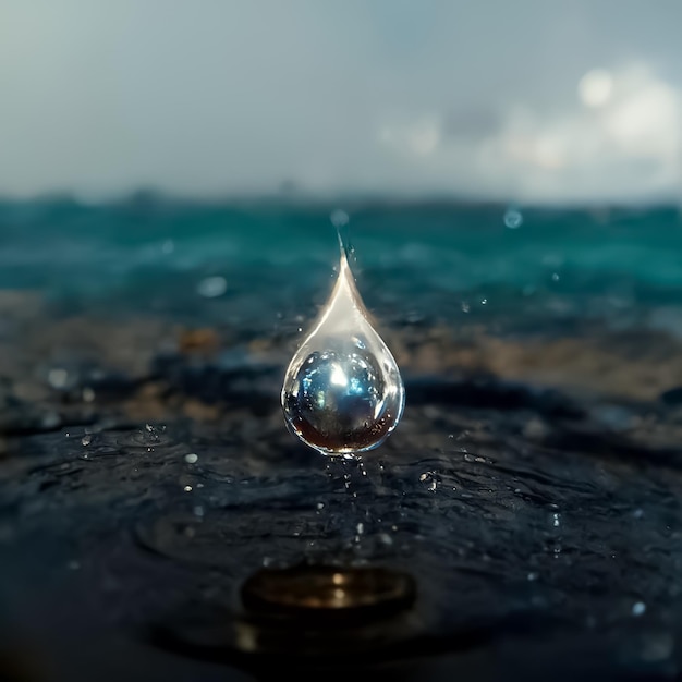 A water droplet is on a metal surface with the word " on it. "