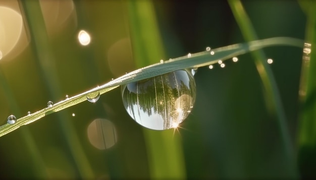 A water droplet is reflected in a blade of grass.