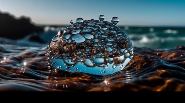 A water droplet is on a rock with the words " water " on it.