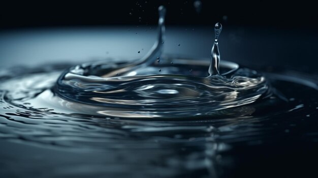 A water droplet is shown in a dark room with a black background.