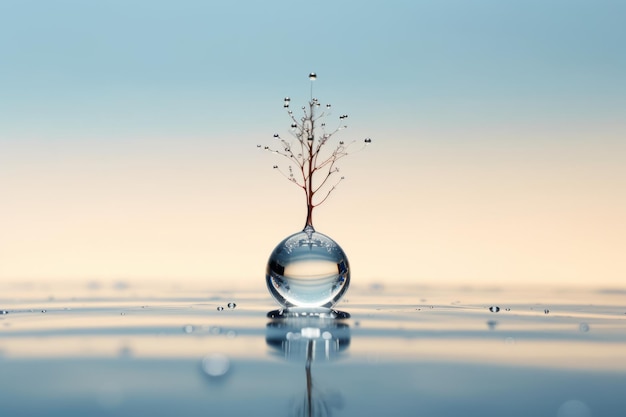 A water droplet is surrounded by a water droplet and the water is dripping from a glass ball.