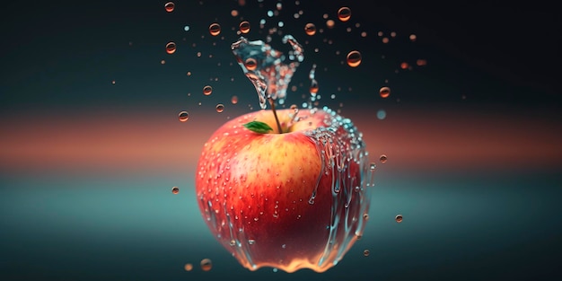 A water droplet is suspended in the air and the apple is in the air.