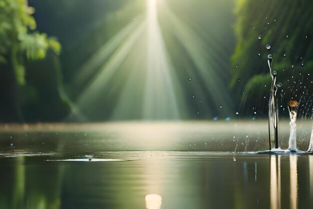 A water droplet is thrown into the water and the sun is shining on the water.