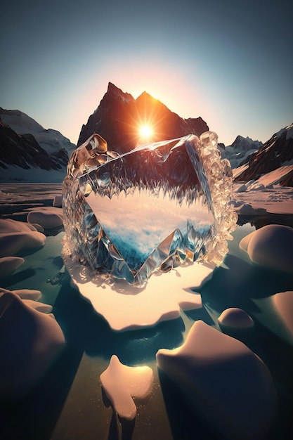 A water droplet on melting glacier puddle with icicles in the North Pole