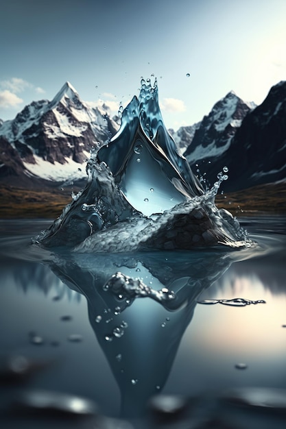 A water droplet on melting glacier puddle with icicles in the North Pole