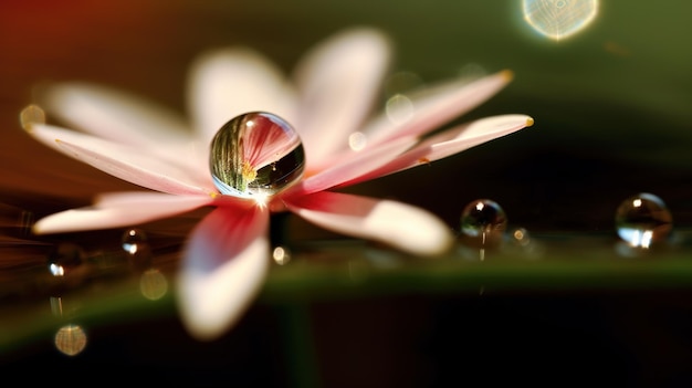 A water droplet sits on a flower in the middle of a pond.