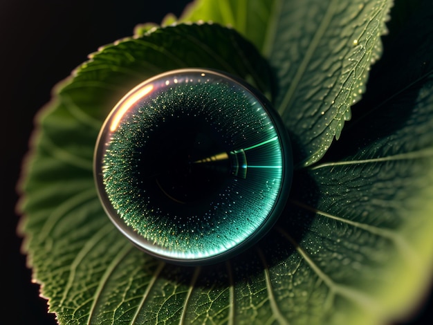 A water droplet sits on a leaf with the word drop on it.