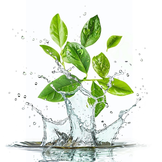 a water droplet with water drops and a plant in it