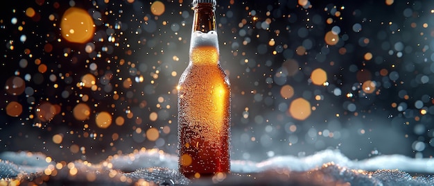 写真 水滴と氷の煙は暗い環境と空間の上に冷蔵された典型的な茶色のビールボトルから浮かび上がっています