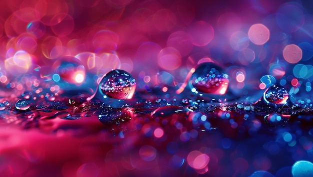 water droplets are on a red surface with the purple backgroundBright background transparent water