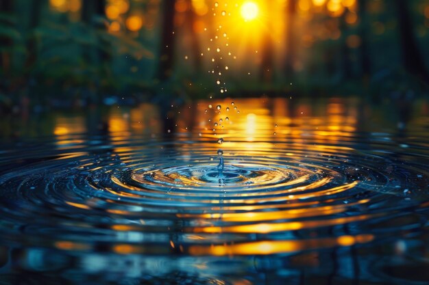 Water Droplets Creating Ripples at Sunset