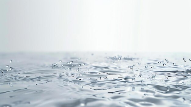 물방울이 물 표면에 떨어지면서 파동과 스프레이를 일으킨다. 물은 고 투명하며 부드러운 유리색 표면을 가지고 있다.