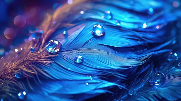 Water droplets on feather in blue colors