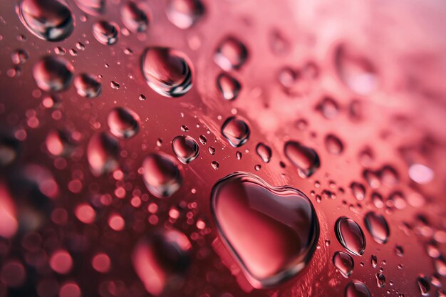 Photo water droplets forming heart shapes on a glass surface against a rosecolored background