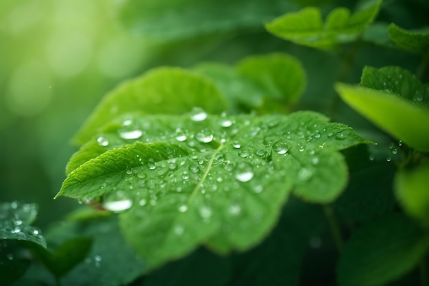 Water droplets glistening on vibrant green leaves in the soft morning light