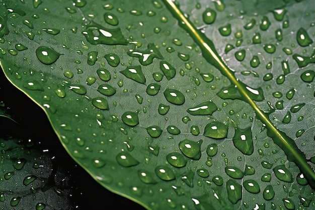 Water droplets on green leaf closeup Nature background