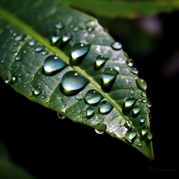 Water droplets on a green leaf Shallow depth of field