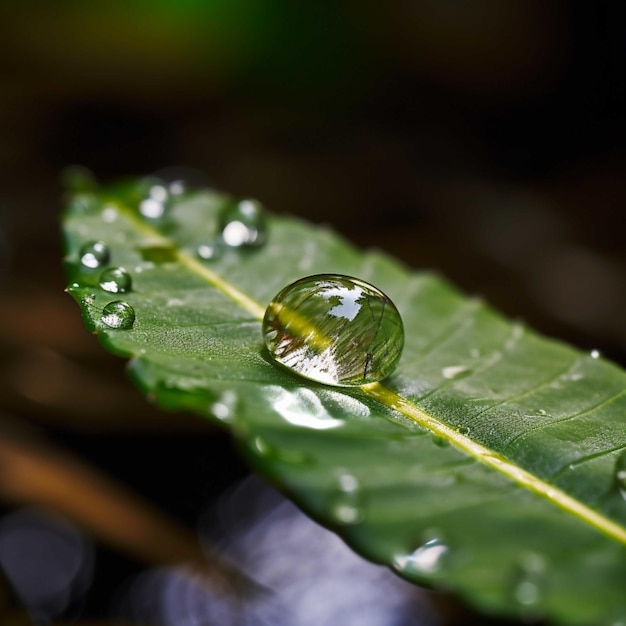 Water droplets on a green leaf Shallow depth of field