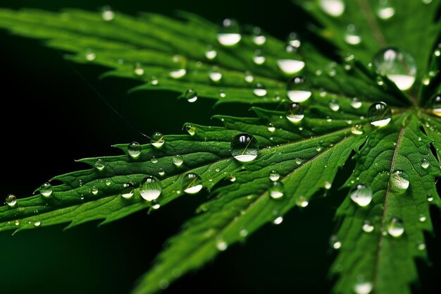 緑の葉の上に水滴が落ちる。