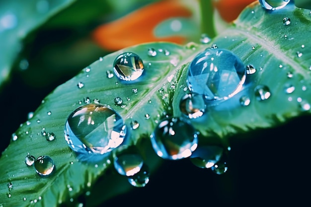 Water droplets on a green leaf