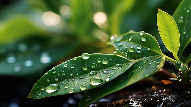 Water droplets on a green leaf