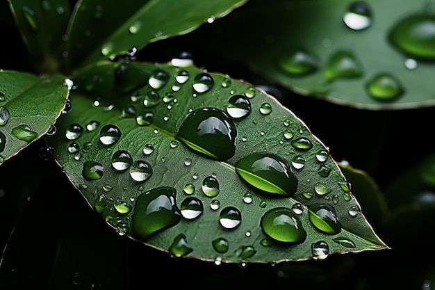 Капли воды на зеленом листе