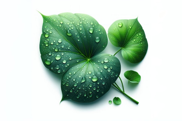 Water droplets on green leaves isolated on a white background