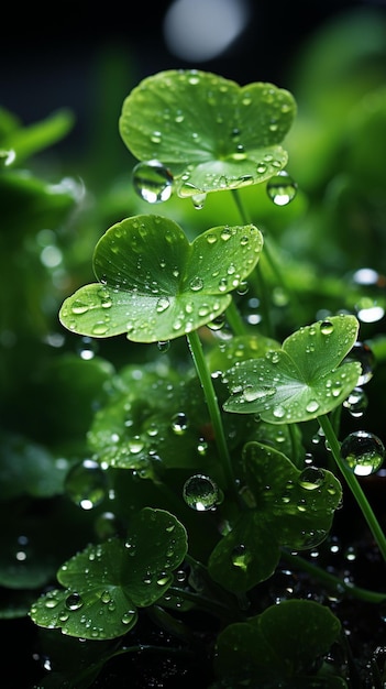 Water droplets on a green plant in the rain