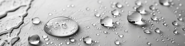 Water droplets on a grey surface showcasing purity and simplicity
