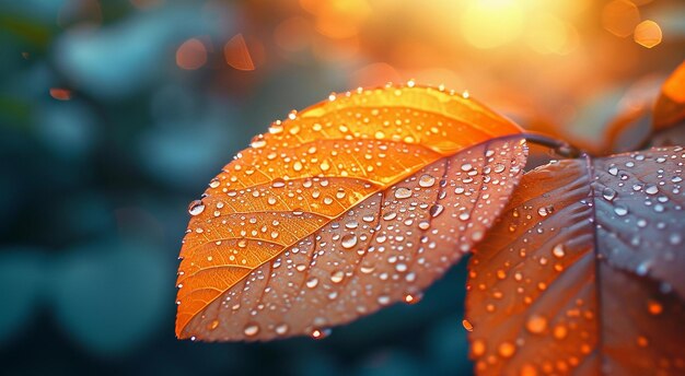 잎의 물방울은 황금색을 는 동안, 방울은 해가 지는 따뜻한 색으로 빛납니다.