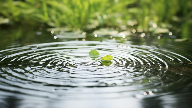 Water droplets making ripples in an otherwise serene pond AI generated illustration