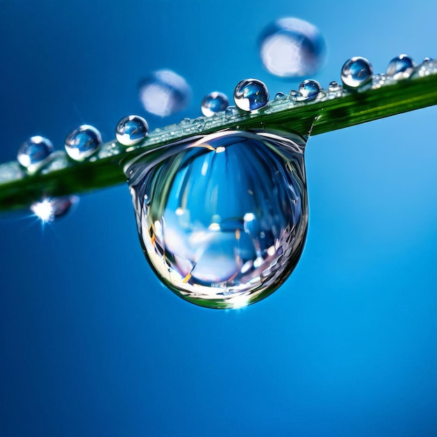 Фото water droplets on a blade of grass with a blue background