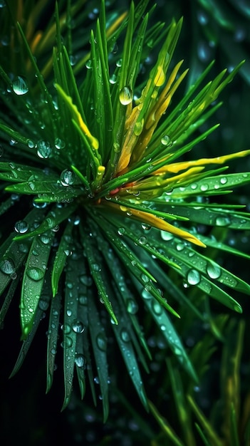 water droplets on a pine tree