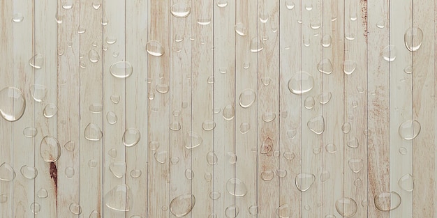 Water droplets on planks rain water on wooden grain floor after\
rain background texture 3d