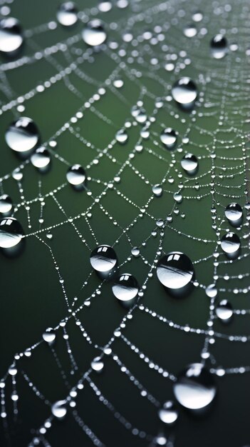 Foto gocce d'acqua su una rete di ragno su uno sfondo verde vibrante